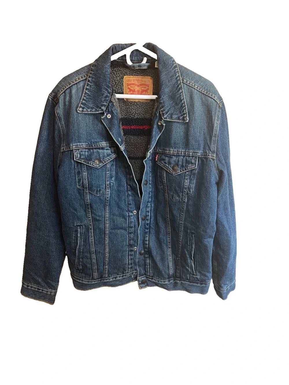 Levi’s 57696-0000 Sherpa Trucker Jacket Men’s L Gray Stripe Blanket Lined EUC
